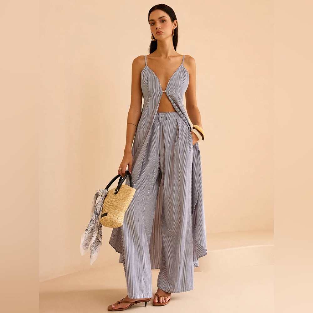 Commense Striped Long Cami Top and Wide-Leg Pants Set - Picture 2 of 15